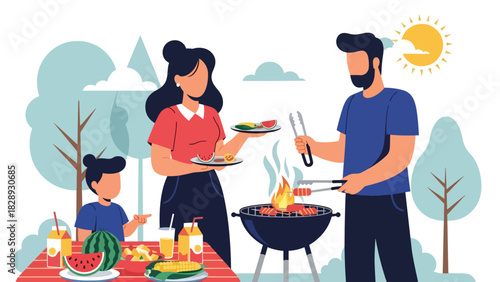 Family cooking and enjoying a summer barbecue outdoors. Ideal for lifestyle themes, relaxing holiday memories, and family celebration visuals