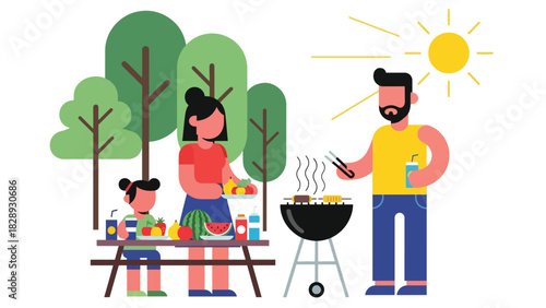 Family cooking and enjoying a summer barbecue outdoors. Ideal for lifestyle themes, relaxing holiday memories, and family celebration visuals