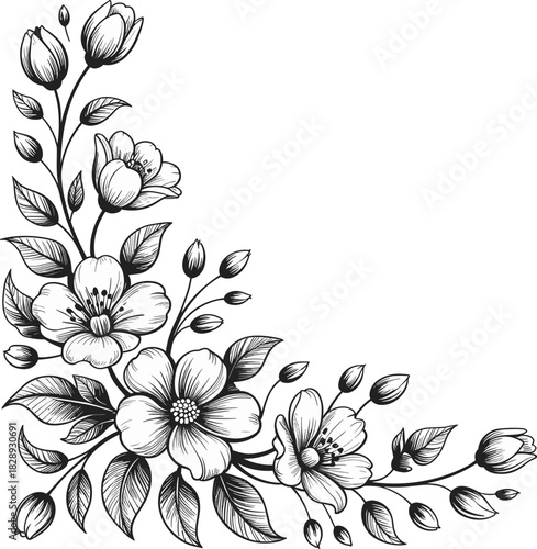 Black and white floral corner design with blooming flowers and buds