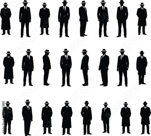 Men in suits and hats silhouettes set, various poses, vintage, retro, gangster, detective, spy, formal, elegant, classic, black, vector, illustration, graphic, dramatic.