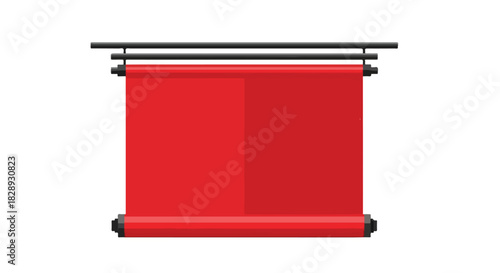 Blank red banner with rolled edges on a black metal bar, ideal for display or signage
