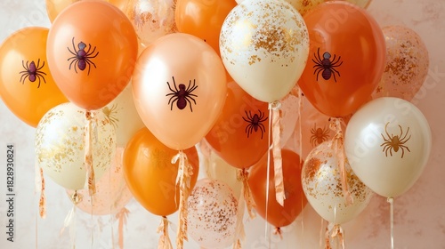 Festive Halloween Balloons - Orange, White, Spider Silhouettes, Party Decorations, Close-Up View.