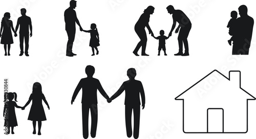 Family silhouettes vector illustration, parents and children together, happy family relationship concept with home icon design for community graphics