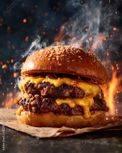 Fiery Double Cheeseburger with Smoke and Flames, Gourmet Food Photography.