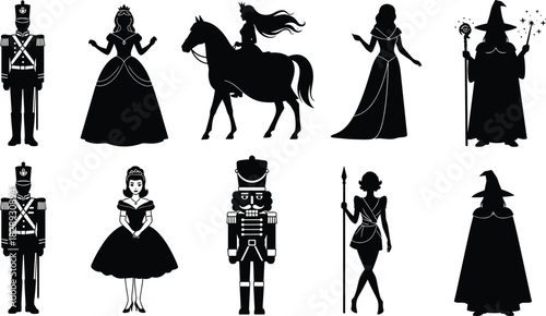 Fairy Tale and Nutcracker Silhouette Set with Princess Soldier Wizard and Horse Vector Illustration