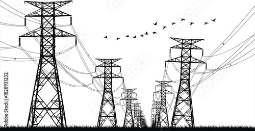 Power lines and pylons silhouette, flock of birds, energy, electricity, transmission, infrastructure, industrial, urban, landscape, black, vector, illustration, graphic, dramatic.