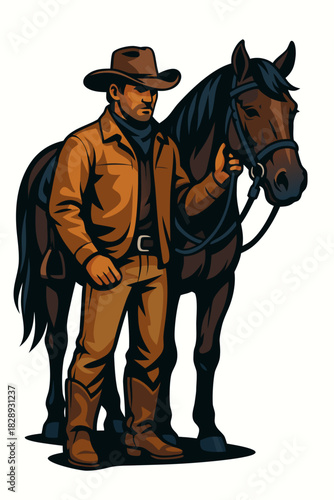 Western Cowboy Standing Beside Loyal Brown Horse Rancher Character Design Art