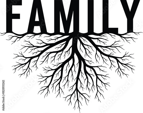 Family Word Text with Tree Roots Silhouette Vector Illustration for Genealogy and Ancestry Concept