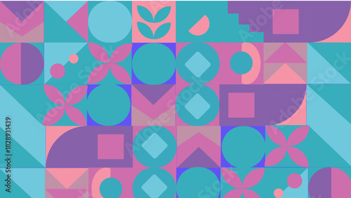 Colorful Geometric Abstract Pattern Background. Retro Modern Shapes with Bold Vibrant Retro Geometric Shape or Pattern with Vintage Pastel Color. Trendy Mid-Century Style Decorative Design. 