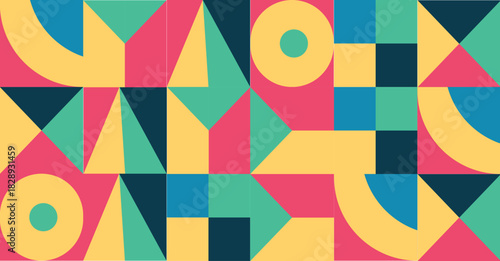 Colorful Geometric Abstract Pattern Background. Retro Modern Shapes with Bold Vibrant Retro Geometric Shape or Pattern with Vintage Pastel Color. Trendy Mid-Century Style Decorative Design. 