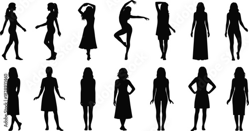 Female silhouettes in various standing and walking poses, elegant woman vector illustration for fashion, beauty, and creative design concepts