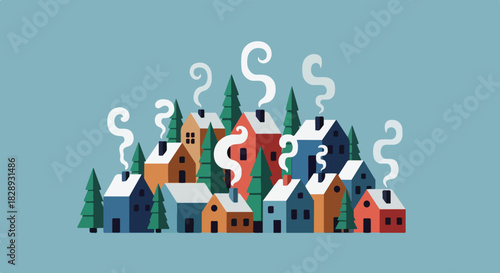 Colorful Winter Village Scene with Smoke A Vector Illustration of Houses and Evergreen Trees, 102