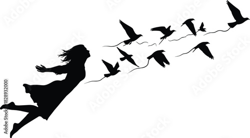 Flying girl silhouette soaring through the sky with a flock of birds symbolizing freedom, imagination, dreams, motion, and inspirational artistic beauty