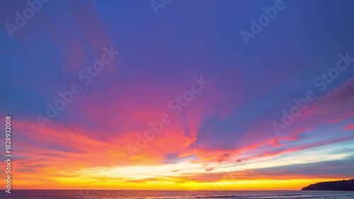 time lapse A stunning seascape capturing the vibrant colors of a dramatic sunset sky over a calm beach, with soft waves and silhouetted clouds adding depth and serenity to the scene.