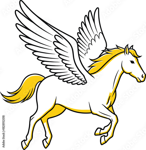 Flying Pegasus horse illustration, mythical winged animal vector drawing for fantasy art, mythology design, and magical creature coloring page