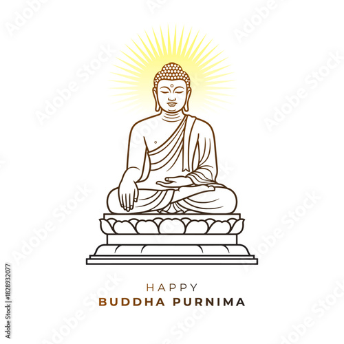 Happy Vesak Day, lord Buddha Purnima wishes greetings, card and line art on white background.