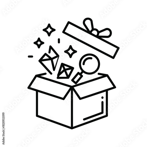 Open gift box with magnifying glass and geometric shapes spilling out