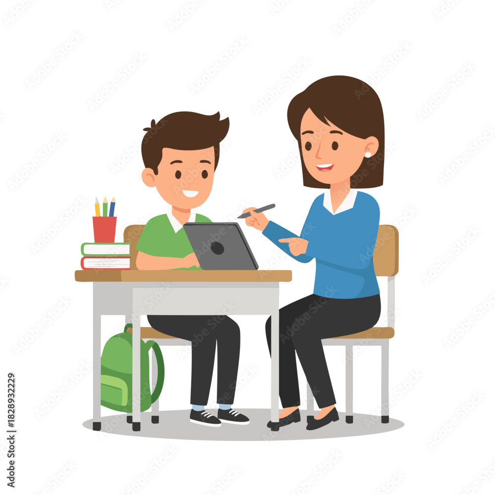 Obraz premium Teacher Guiding Student At Desk With Tablet And Books During Classroom Activity With Backpack and Pencils Symbolizing Education And Learning