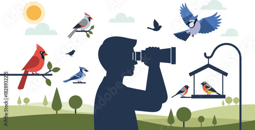Curious person observing various birds and a feeder in a bright outdoor landscape