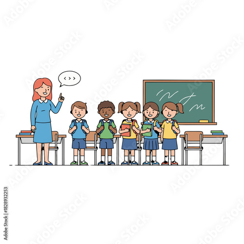 Teacher Hosting Classroom Show And Tell Students Watch With Interest In A Brightly Lit School Room With A Chalkboard And Desks