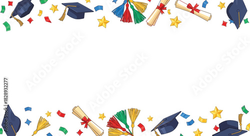 Celebratory graduation border with caps, diplomas, confetti, and stars