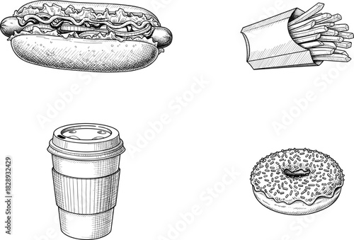 Hot dog, French fries, coffee cup, donut, fast food sketch, black and white drawing, snack icons, flat vector illustration