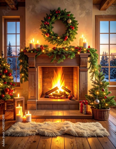 A warm and inviting Christmas background featuring a glowing fireplace and festive decorations, perfect for cozy greeting cards.