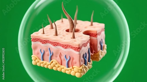 Detailed 3D illustration of healthy human skin layers with visible hair follicles and blood vessels