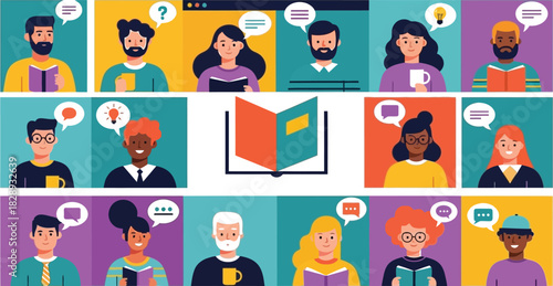 Diverse group of people engaged in online learning and discussion, sharing ideas and knowledge virtually.