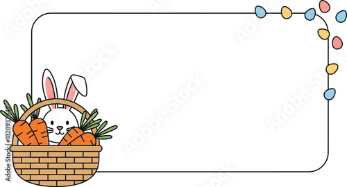 Cute bunny peeking from a basket of carrots, decorated with colorful Easter eggs.