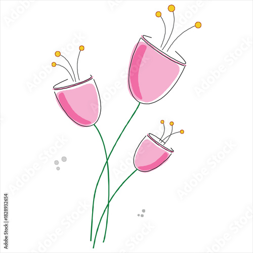 Whimsical Pink Flowers with Yellow Stamens and Green Stems