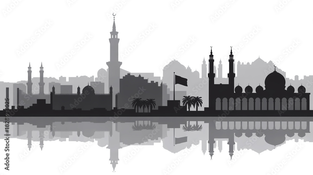Fototapeta premium Cityscape Silhouette A Detailed Black and White Vector Illustration of Architectural Icons
