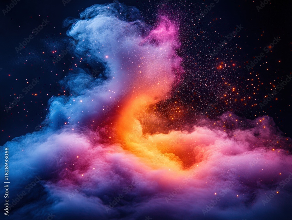 Obraz premium A breathtaking cosmic scene showcases vibrant swirls of blue, pink, and orange clouds, illuminated by twinkling stars resembling distant fireworks. A dark backdrop amplifies the celestial spectacle.