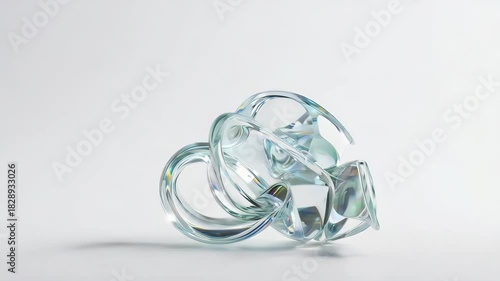 Abstract Glass Sculpture: Fluidity and Light Reflection on White Background