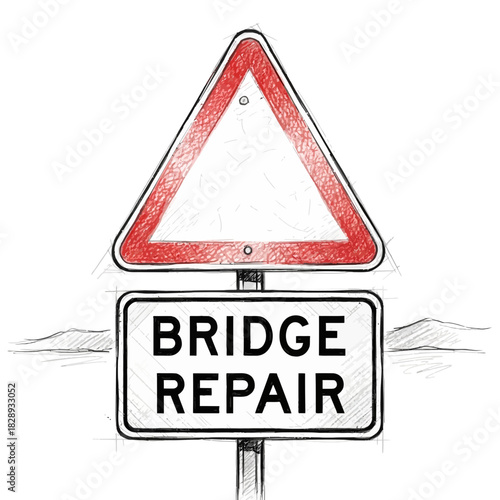 Whimsical Bridge Repair Sign with Sketchy, Hand-Drawn Aesthetic on Isolated Backdrop