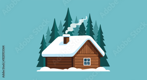 Cozy Winter Cabin A Peaceful Scene in a Snowy Forest with Smoke Billowing from the Chimney