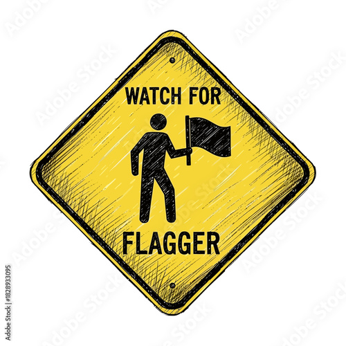 Alert sign: Sketch style vector illustration for roadwork with flagger