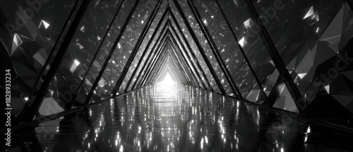 Fototapeta Naklejka Na Ścianę i Meble -  Futuristic Triangular Tunnel with Bright Light at the End, Monochrome Perspective.