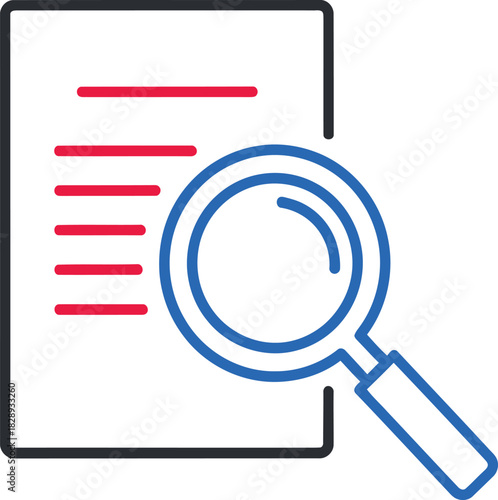 Magnifying glass examining document with red lines and text, symbolizing research and analysis.