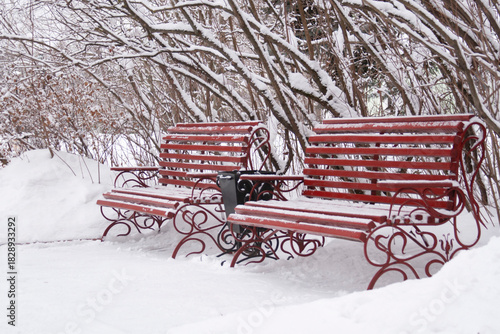 Wallpaper Mural Two red benches in a park in winter Torontodigital.ca