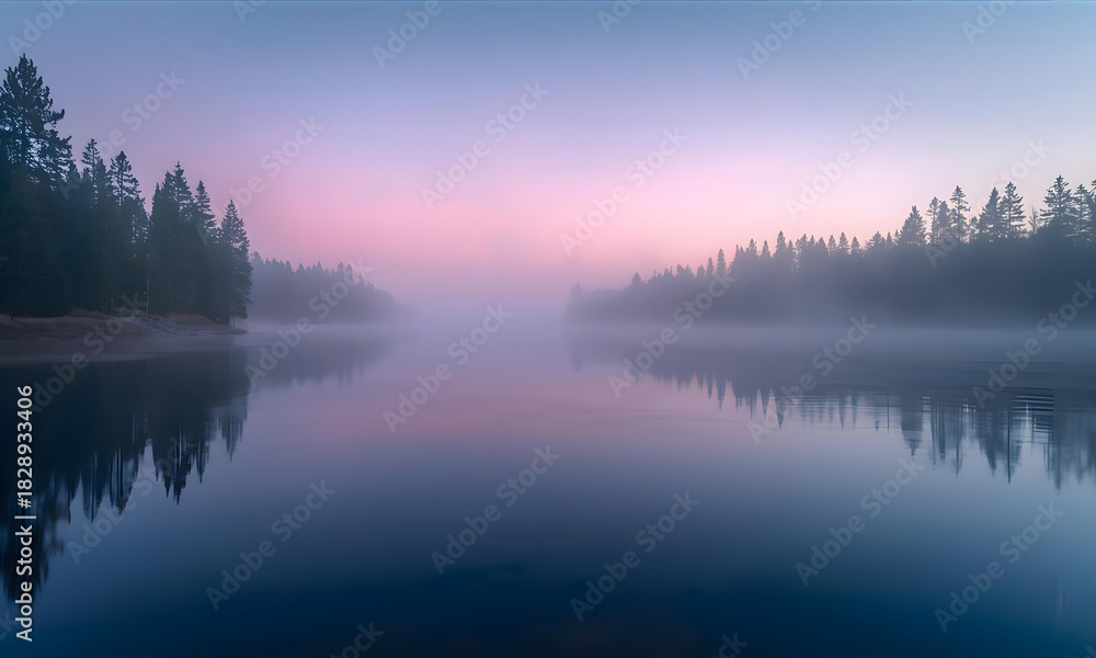 Fototapeta premium Serene misty lake reflecting soft pink and blue sunrise sky at dawn