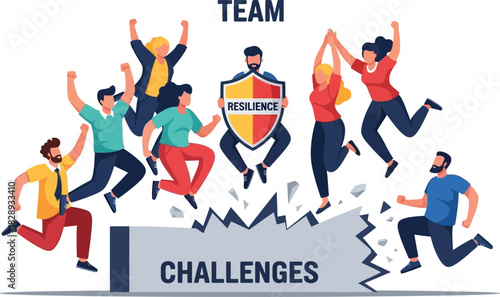 Diverse team leaps over challenges with resilience, celebrating success and unity