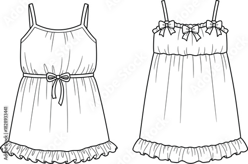 Girl’s strappy dress technical flat sketch, front and back view, bow detail, ruffle hem, cad drawing, vector illustration