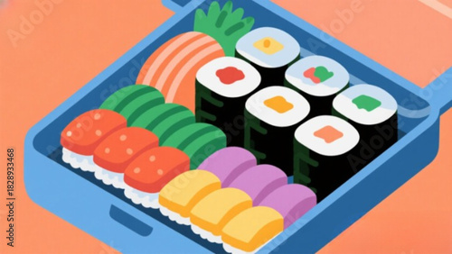 Traditional Japanese sushi set vector illustration featuring fresh raw salmon, fish, and rice rolls with wasabi and ginger on a plate, perfect for a healthy seafood meal