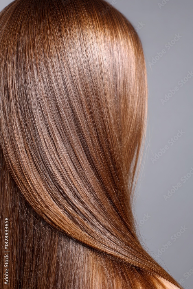 Fototapeta premium Silky light brown straight hair closeup with smooth strands forming soft curve against grey studio background, concept of healthy shine haircare beauty