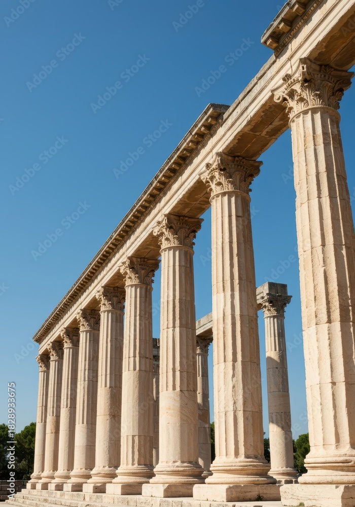 Fototapeta premium Majestic stone columns supporting an ancient structure against a clear blue sky, symbolizing enduring architecture of the empire and classical design, era, ruins, strength