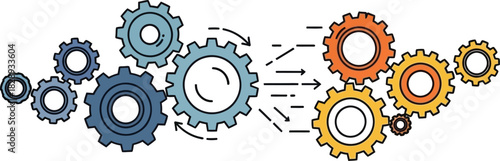 Interlocking gears symbolize teamwork, progress, and mechanical synergy in a dynamic process.
