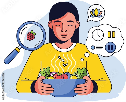 Woman savoring a healthy, fresh salad, contemplating nourishment and mindful eating.