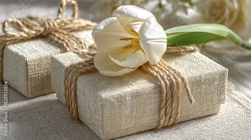 Beautifully wrapped gift boxes adorned with white tulip flowers and twine, set against a soft background, perfect for celebrations and thoughtful gifting