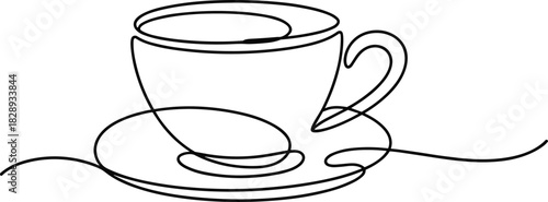 Single line drawing coffee cup and saucer with bean